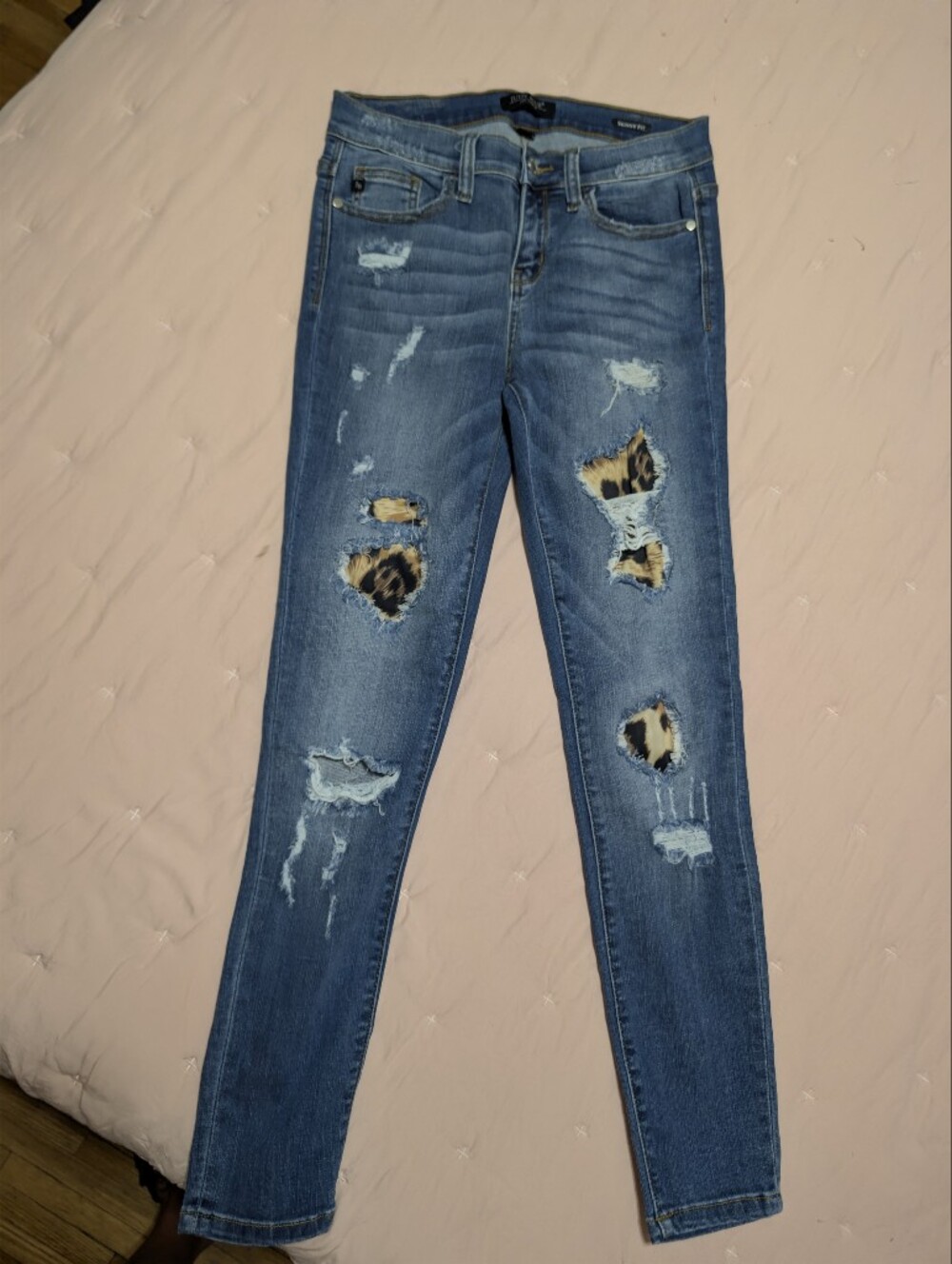 Judy Blue Women’s Distressed Leopard Patch Skinny Jeans - Blue